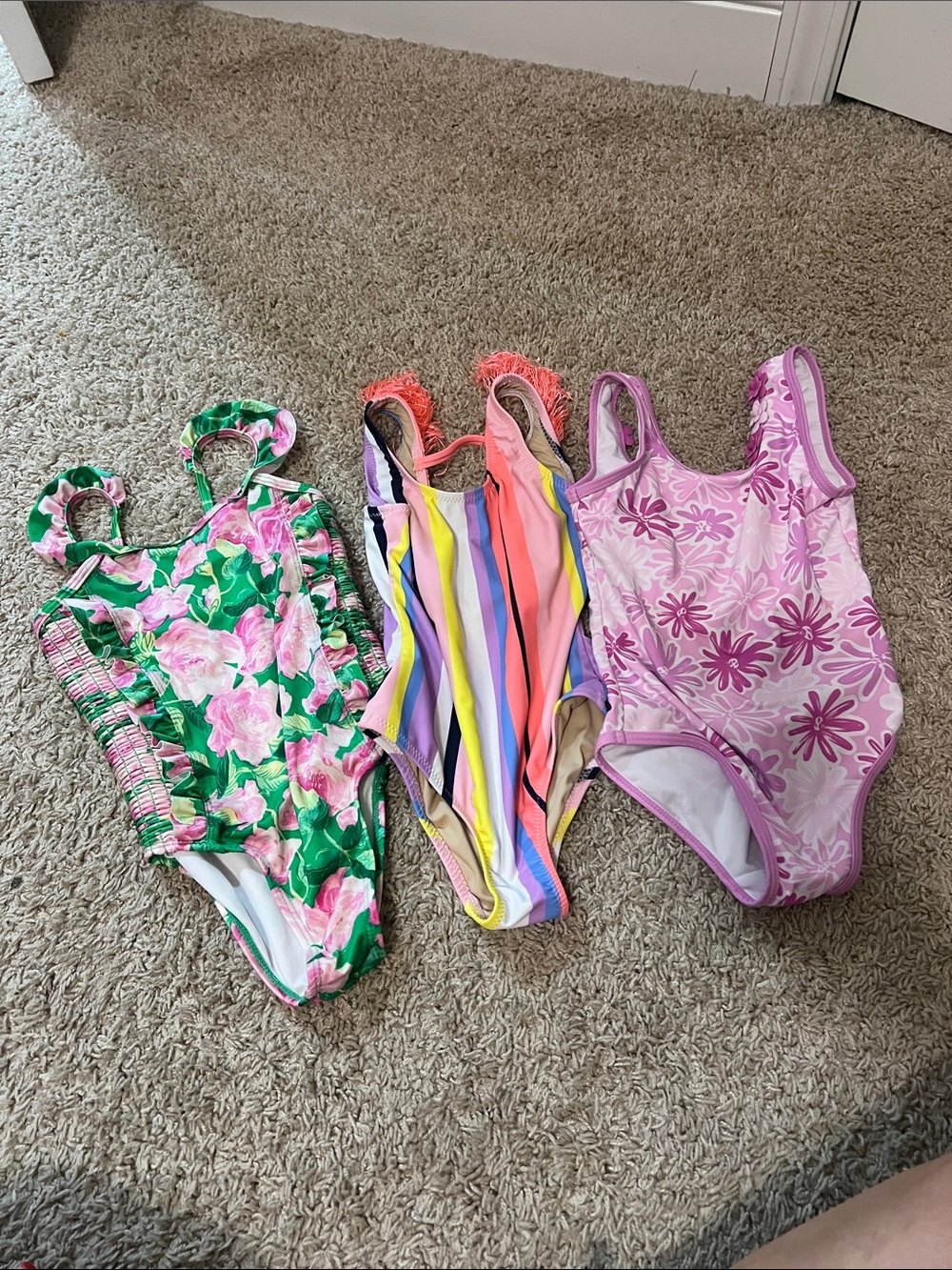 Kids Floral & Stripe One-Piece Swimsuit Set - Pink, Green, Multicolor